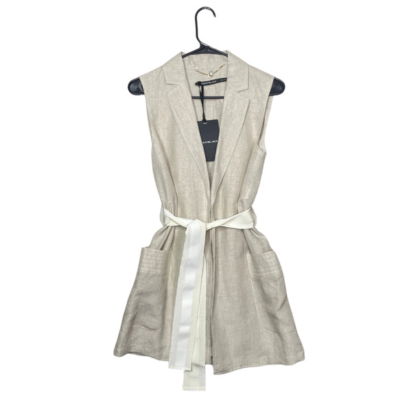 Womens 100% Linen Sleeveless Beige Vest Coat Italy Career Boho Chic NEW - Picture 1 of 11